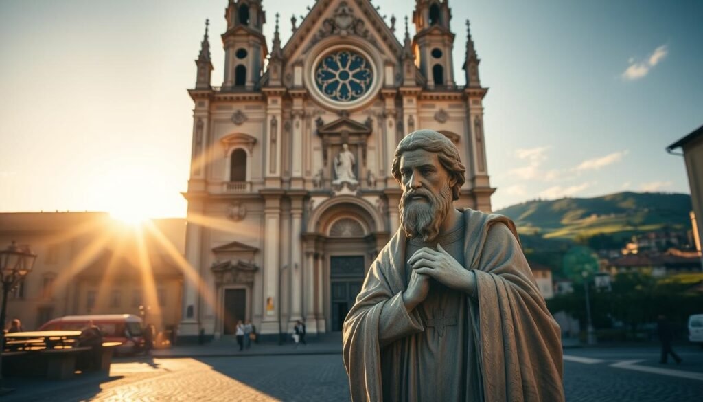 A grand cathedral stands tall in the historic city of Padua, its façade adorned with intricate carvings and ornate details. In the foreground, a statue of Saint Anthony, the patron saint of lost things, emerges from the cobblestone streets, his serene expression and gentle pose conveying a sense of calm and compassion. The warm, golden sunlight filters through the stained-glass windows, casting a soft, ethereal glow over the scene. In the background, the rolling hills and lush greenery of the surrounding countryside create a picturesque backdrop, hinting at the saint's connection to both the urban center and the natural world. The overall atmosphere is one of reverence, tranquility, and the timeless legacy of this beloved religious figure. Uma imponente catedral ergue-se imponente na histórica cidade de Pádua, com sua fachada adornada com entalhes intrincados e detalhes ornamentados. Em primeiro plano, uma estátua de Santo Antônio, padroeiro das coisas perdidas, emerge das ruas de paralelepípedos, com sua expressão serena e pose gentil transmitindo uma sensação de calma e compaixão. A luz do sol quente e dourada filtra-se pelos vitrais, lançando um brilho suave e etéreo sobre a cena. Ao fundo, as colinas ondulantes e a vegetação exuberante da paisagem circundante criam um cenário pitoresco, sugerindo a conexão do santo tanto com o centro urbano quanto com o mundo natural. A atmosfera geral é de reverência, tranquilidade e o legado atemporal desta adorada figura religiosa.