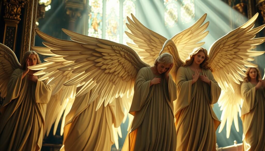 A group of ornate, ethereal angelic figures in flowing robes, their wings outstretched in an act of divine protection and guardianship. The scene is bathed in a warm, heavenly glow, with beams of soft light filtering through stained glass windows. The angels' faces are serene and benevolent, their expressions conveying a sense of watchful care over the viewer. In the background, subtle details evoke the grandeur and solemnity of a traditional Catholic church, with ornate architectural elements and religious iconography. The overall atmosphere is one of reverence, spirituality, and the timeless guardianship of the Catholic faith. Oração do Santo Anjo da Guarda para Proteção: Veja como Rezar