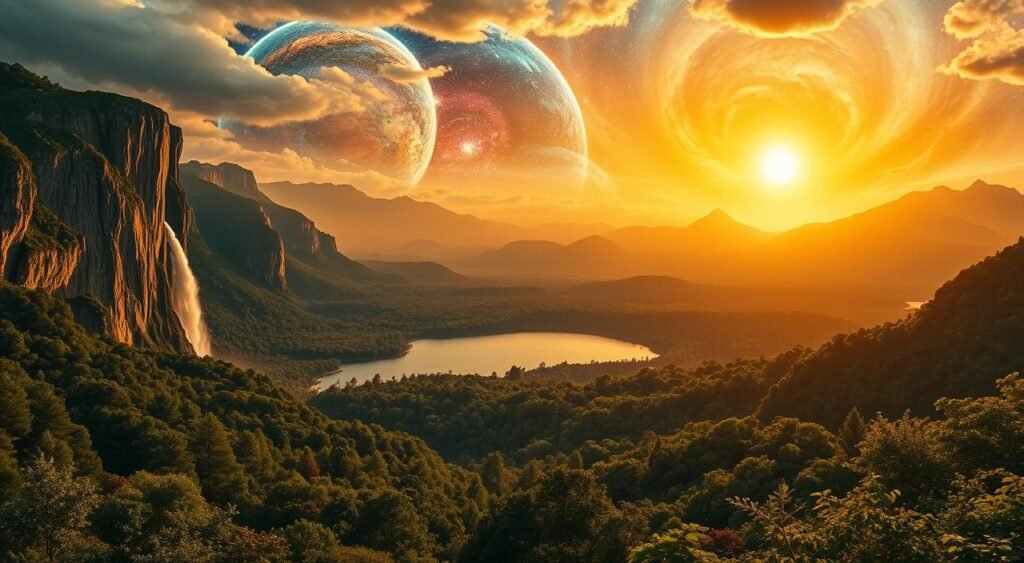 A panoramic vista of the origins of the world, as depicted in the Book of Genesis. In the foreground, a lush, verdant landscape with towering mountains and cascading waterfalls. In the middle ground, a serene lake reflecting the golden sun, surrounded by dense forests teeming with diverse flora and fauna. In the background, a breathtaking celestial scene with swirling galaxies, nebulae, and a radiant, life-giving sun. The scene is bathed in a warm, golden light, conveying a sense of wonder, awe, and the grandeur of creation. Crisp, high-resolution details with a cinematic, wide-angle lens capture the sweeping majesty of this timeless biblical narrative. Uma vista panorâmica das origens do mundo, conforme retratadas no Livro do Gênesis. Em primeiro plano, uma paisagem exuberante e verdejante com montanhas imponentes e cachoeiras em cascata. No plano central, um lago sereno refletindo o sol dourado, cercado por densas florestas repletas de flora e fauna diversificadas. Ao fundo, uma cena celestial de tirar o fôlego com galáxias em espiral, nebulosas e um sol radiante e vivificante. A cena é banhada por uma luz quente e dourada, transmitindo uma sensação de maravilhamento, admiração e a grandiosidade da criação. Detalhes nítidos e de alta resolução, com uma lente grande angular cinematográfica, capturam a majestade arrebatadora desta narrativa bíblica atemporal.