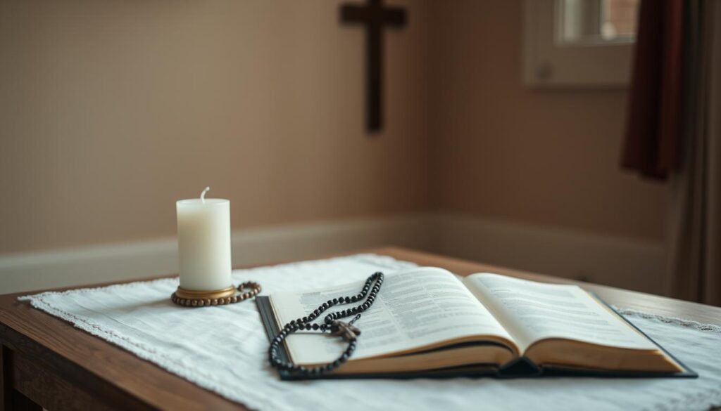 A peaceful and contemplative scene of preparation for prayer. In the foreground, a simple wooden table with a white cloth, a votive candle, and a rosary. Soft, diffused lighting from a nearby window illuminates the scene. In the middle ground, an open bible rests on the table, its pages slightly worn. The background depicts a serene, uncluttered space, perhaps a private corner of a home or a small chapel, with muted tones and a sense of tranquility. The overall atmosphere evokes a sense of reverence, introspection, and spiritual focus, setting the stage for a meaningful prayer session. Novena de São Judas Tadeu
