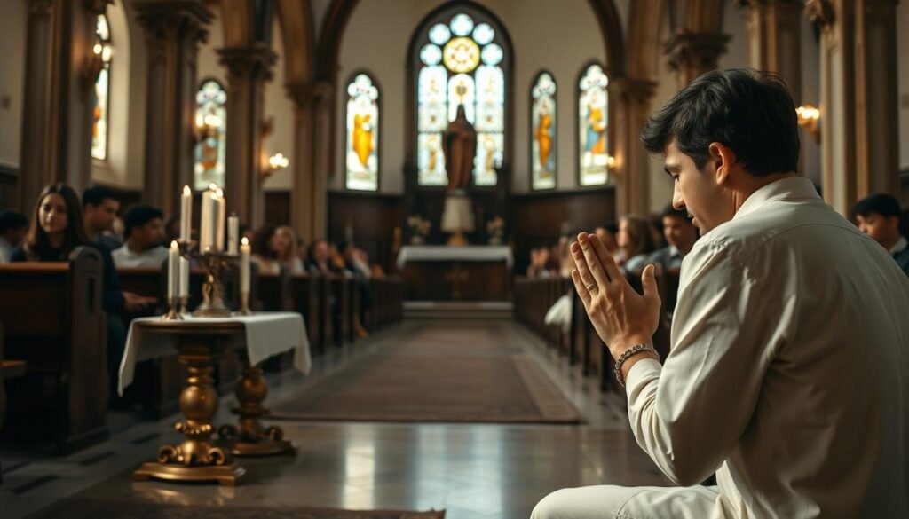 A peaceful, softly lit scene depicting the practice of a novena. In the foreground, a person kneels in prayer, their hands clasped and eyes closed, surrounded by a simple yet ornate altar adorned with candles, rosary beads, and a statue of Saint Jude Thaddeus. The middle ground features worshippers seated in pews, their expressions reverent as they partake in the devotional ritual. The background showcases the interior of a traditional Catholic church, with stained glass windows casting a warm, ethereal glow and ornate architectural details evoking a sense of timeless spirituality. The overall atmosphere is one of contemplation, faith, and the humble, steadfast pursuit of divine guidance. Uma cena pacífica, suavemente iluminada, retratando a prática de uma novena. Em primeiro plano, uma pessoa se kneela em oração, as mãos unidas e os olhos fechados, cercada por um altar simples, porém ornamentado, adornado com velas, contas de rosário e uma estátua de São Judas Tadeu. No meio, fiéis estão sentados em bancos, suas expressões reverentes enquanto participam do ritual devocional. Ao fundo, o interior de uma igreja católica tradicional, com janelas de vitral lançando um brilho quente e etéreo e detalhes arquitetônicos ornamentais evocando um senso de espiritualidade atemporal. A atmosfera geral é de contemplação, fé e a busca humilde e firme por orientação divina.