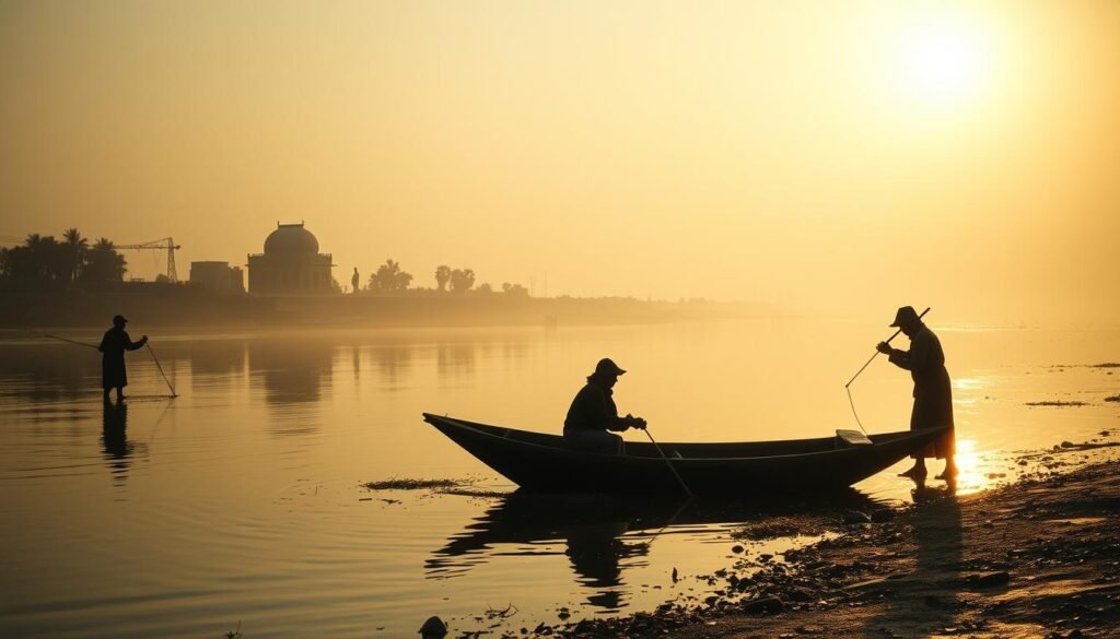 A riverside scene featuring fishermen in traditional garb, casting their nets into the tranquil waters. The sun's golden rays bathe the scene in a warm, soft light, casting long shadows across the riverbank. In the center, a small wooden boat rests, its occupants focused on their task. In the distance, the misty outline of a small chapel or shrine can be seen, hinting at the sacred origins of the found image. The overall mood is one of reverence and spiritual connection, reflecting the miraculous discovery at the heart of the narrative. Milagres de Nossa Senhora Aparecida: