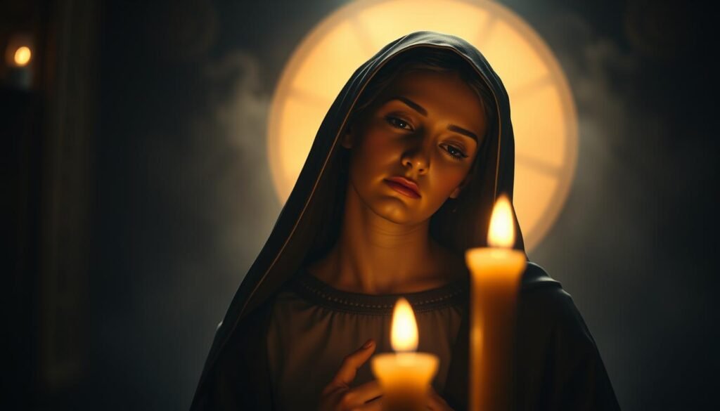 A serene and candlelit scene depicting the image of Saint Rita of Cascia, the patron saint of the impossible. She is portrayed with an angelic expression, her head tilted slightly to the side and a soft, warm glow illuminating her face. The background is a hazy, atmospheric setting, with a sense of reverence and contemplation. The lighting is delicate, creating a prayerful and devotional mood. The composition emphasizes the central figure, framed by a simple yet elegant design, inviting the viewer to engage in a moment of quiet reflection and connection with the divine. Uma cena serena e iluminada por velas retratando a imagem de Santa Rita de Cássia, a santa padroeira do impossível. Ela é retratada com uma expressão angelical, a cabeça levemente inclinada para o lado e um brilho suave e quente iluminando seu rosto. O fundo é um cenário nebuloso e atmosférico, com um senso de reverência e contemplação. A iluminação é delicada, criando um clima de oração e devoção. A composição enfatiza a figura central, emoldurada por um design simples, mas elegante, convidando o espectador a participar de um momento de reflexão tranquila e conexão com o divino.