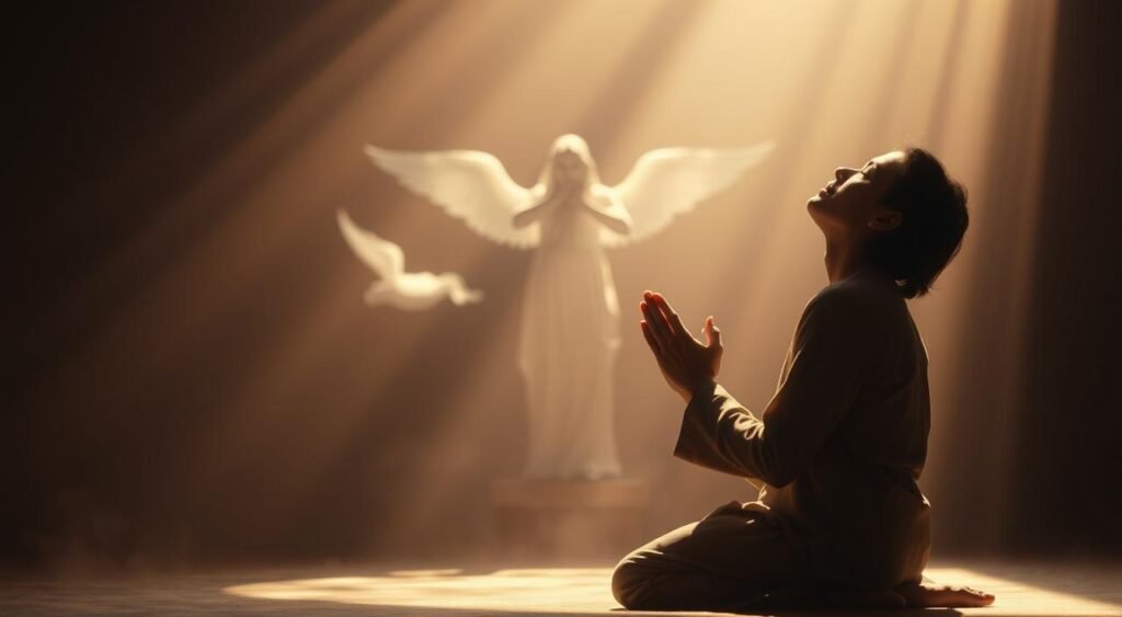 A serene and ethereal connection between a devout believer and the divine presence of Jesus Christ. In the foreground, a person kneels in reverent prayer, their hands clasped and eyes closed, a look of profound peace and devotion etched upon their face. Shafts of soft, heavenly light envelop them, casting a warm, spiritual glow. In the middle ground, wisps of translucent energy or angelic forms seem to emanate from the person, symbolizing the spiritual exchange. The background fades into an undefined, ethereal realm, suggesting the boundless nature of this sacred connection. The overall mood is one of profound tranquility, spiritual transcendence, and a deeply intimate bond with the Savior. Pequena Oração a Jesus