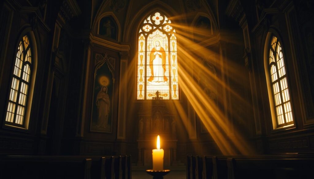 A serene, dimly lit chapel interior with a towering stained glass window depicting the saintly figure of Santa Rita de Cássia. Rays of warm, golden light stream through the window, casting a soft, reverent glow on the ornate altar and wooden pews. In the foreground, a single lit candle flickers, its flame casting flickering shadows. The walls are adorned with intricate religious frescoes and ornate carvings, creating an atmosphere of solemnity and contemplation. The scene evokes a sense of timeless devotion and the power of faith to overcome even the most impossible challenges. Oração de Santa Rita de Cássia por uma Causa Impossível: Confira Depoimentos