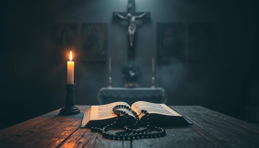 A serene, dimly lit interior with a worn wooden table in the foreground, upon which rests a rosary, an open book, and a single lit candle, casting a warm, inviting glow. In the middle ground, a simple crucifix hangs on the wall, surrounded by religious icons and tapestries. The background fades into a soft, atmospheric haze, creating a contemplative, devotional atmosphere. The overall scene conveys a sense of reverence and spiritual contemplation, inviting the viewer to engage in a step-by-step prayer guide for marriage. Uma cena tranquila e suavemente iluminada que retrata os símbolos da devoção cristã. Em primeiro plano, uma cruz de madeira desgastada ergue-se majestosa, sua superfície envelhecida é um testemunho de seu propósito sagrado. Ao seu redor, uma coleção de artefatos religiosos - um rosário ornamentado, um cálice brilhante e um delicado crucifixo - estão dispostos com reverência. No meio, uma vela trêmula emite um brilho quente e reconfortante, sua chama suave representando a luz eterna da fé. Ao fundo, uma paisagem simples e serena se desdobra, insinuando a tranquilidade e a contemplação que esses símbolos sagrados inspiram. O clima geral é de reflexão solene, convidando o espectador a ponderar sobre a profundidade e o significado da devoção cristã. ...