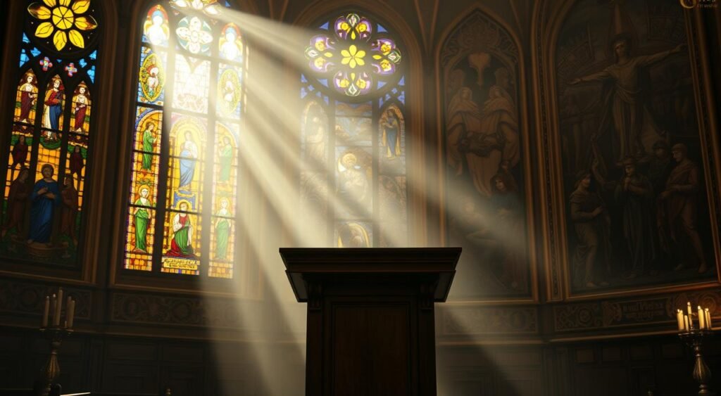 A serene, illuminated interior with stained glass windows casting warm, multicolored light onto a wooden podium in the foreground. Ornate, intricate biblical illustrations adorn the walls, creating an atmosphere of reverence and contemplation. A soft, hazy glow permeates the scene, evoking a sense of timeless spirituality. The podium stands as a focal point, inviting the viewer to explore the depths of biblical teachings. Dramatic chiaroscuro lighting accentuates the rich textures and ornate details, drawing the eye towards the center of the composition. Um interior sereno e iluminado, com vitrais que lançam uma luz quente e multicolorida sobre um pódio de madeira em primeiro plano. Ilustrações bíblicas ornamentadas e intrincadas adornam as paredes, criando uma atmosfera de reverência e contemplação. Um brilho suave e nebuloso permeia a cena, evocando uma sensação de espiritualidade atemporal. O pódio se destaca como um ponto focal, convidando o observador a explorar as profundezas dos ensinamentos bíblicos. A iluminação dramática em claro-escuro acentua as ricas texturas e os detalhes ornamentados, atraindo o olhar para o centro da composição.