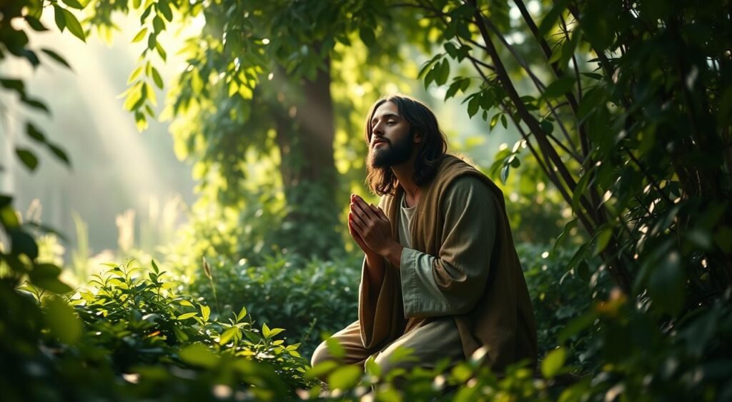 A serene, photorealistic depiction of Jesus Christ praying in a tranquil garden setting. The figure of Jesus kneels on the ground, his eyes closed in deep contemplation, hands clasped in a posture of reverence. Lush, verdant foliage surrounds him, creating a sense of privacy and introspection. Soft, diffused lighting filters through the leaves, casting a warm, spiritual glow on the scene. The composition is balanced and harmonious, drawing the viewer's attention to the profound moment of prayer and reflection. An image that evokes the sacred nature of Jesus' life and the power of his example of devotion. Uma representação serena e fotorrealista de Jesus Cristo orando em um tranquilo jardim. A figura de Jesus ajoelha-se no chão, com os olhos fechados em profunda contemplação e as mãos entrelaçadas em postura de reverência. A folhagem exuberante e verdejante o envolve, criando uma sensação de privacidade e introspecção. Uma luz suave e difusa filtra-se através das folhas, lançando um brilho acolhedor e espiritual sobre a cena. A composição é equilibrada e harmoniosa, atraindo a atenção do observador para o momento profundo de oração e reflexão. Uma imagem que evoca a natureza sagrada da vida de Jesus e o poder do seu exemplo de devoção.