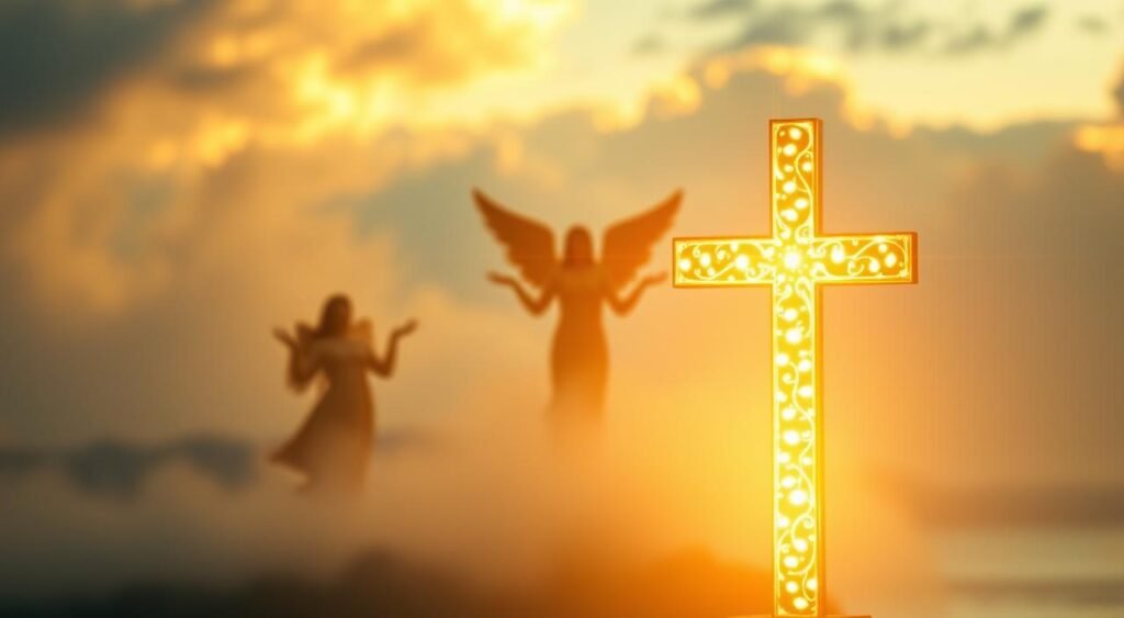 A serene scene of spiritual blessings, bathed in warm, golden light. In the foreground, a glowing cross or religious icon, emanating a divine radiance. In the middle ground, angelic figures or silhouettes, their hands outstretched in a gesture of benediction. The background features a dreamlike, ethereal landscape, perhaps with a peaceful lake or cloudy sky, conveying a sense of transcendence and connection to the divine. The overall atmosphere is one of reverence, tranquility, and the promise of spiritual enlightenment. Uma cena serena de bênçãos espirituais, banhada por uma luz cálida e dourada. Em primeiro plano, uma cruz brilhante ou um ícone religioso, emanando um brilho divino. No meio, figuras ou silhuetas angelicais, com as mãos estendidas em um gesto de bênção. O fundo apresenta uma paisagem onírica e etérea, talvez com um lago tranquilo ou um céu nublado, transmitindo uma sensação de transcendência e conexão com o divino. A atmosfera geral é de reverência, tranquilidade e a promessa de iluminação espiritual.