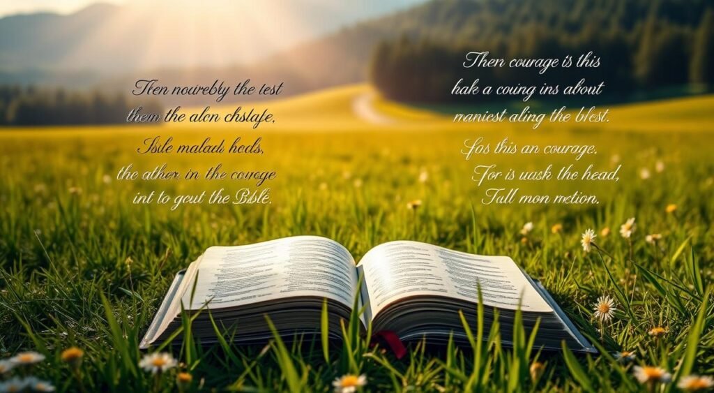 A serene, sun-dappled meadow, lush with verdant grasses and wildflowers. In the foreground, a well-worn leather-bound Bible lies open, its pages illuminated by soft, warm light. Surrounding the Bible, an ethereal display of radiant Bible verses in calligraphic script, each one a beacon of courage and inspiration. The middle ground features a rolling hillside, with a winding path leading towards a distant forest. The atmosphere is one of tranquility and contemplation, inviting the viewer to pause, reflect, and let the empowering words of Scripture fill their heart and mind. A serene, sun-dappled meadow, lush with verdant grasses and wildflowers. In the foreground, a well-worn leather-bound Bible lies open, its pages illuminated by soft, warm light. Surrounding the Bible, an ethereal display of radiant Bible verses in calligraphic script, each one a beacon of courage and inspiration. The middle ground features a rolling hillside, with a winding path leading towards a distant forest. The atmosphere is one of tranquility and contemplation, inviting the viewer to pause, reflect, and let the empowering words of Scripture fill their heart and mind.