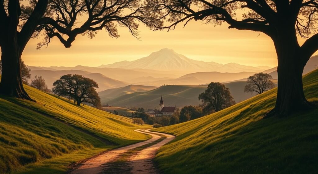 A serene, warm-toned landscape depicting the journey of faith. In the foreground, a winding path leading through lush, verdant hills, inviting the viewer to follow. Towering, ancient oak trees line the path, their branches casting gentle shadows. In the middle ground, a small village nestled between rolling hills, with a simple church steeple reaching towards the sky. The background features a majestic, snow-capped mountain range, hinting at the grandeur and scale of the biblical journey. Soft, diffused lighting illuminates the scene, creating a sense of tranquility and reverence. The overall atmosphere evokes a timeless, spiritual exploration, reflecting the essence of Uma paisagem serena e em tons quentes que retrata a jornada da fé. Em primeiro plano, um caminho sinuoso que atravessa colinas verdejantes e exuberantes convida o observador a segui-lo. Carvalhos imponentes e antigos ladeiam o caminho, cujos galhos projetam sombras suaves. No meio, uma pequena vila aninhada entre colinas onduladas, com uma torre de igreja simples que se ergue em direção ao céu. Ao fundo, uma majestosa cadeia de montanhas coberta de neve sugere a grandiosidade e a escala da jornada bíblica. Uma iluminação suave e difusa ilumina a cena, criando uma sensação de tranquilidade e reverência. A atmosfera geral evoca uma exploração espiritual atemporal, refletindo a essência de