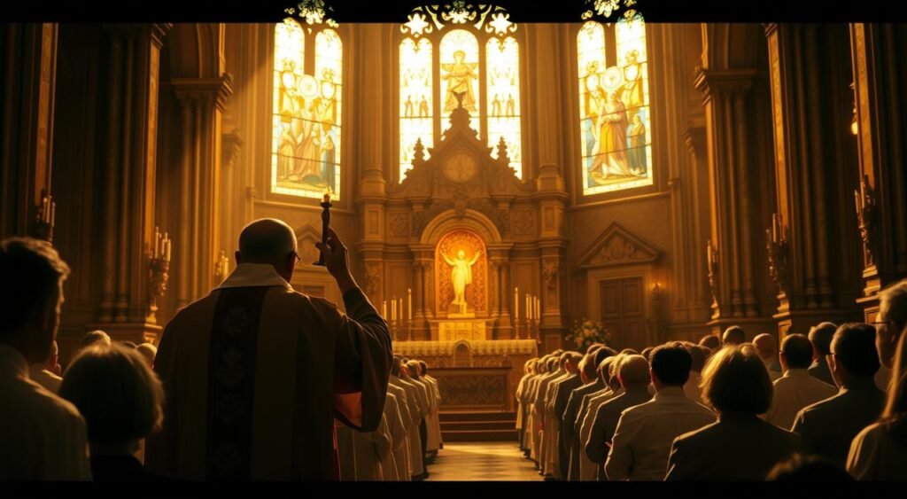 A solemn Catholic mass unfolds, bathed in warm, golden light that filters through stained glass windows. In the foreground, a priest in ornate robes elevates the consecrated Eucharist, the focal point of the Eucharistic celebration. Congregants kneel in reverent silence, their faces illuminated by the sacred glow. The middle ground reveals ornate altars, intricate architectural details, and religious iconography, creating a sense of sacred space. The background recedes into soft, atmospheric shadows, conveying a contemplative, transcendent mood. A sense of profound spiritual significance and timeless tradition permeates the scene. O Que é Corpus Christi?