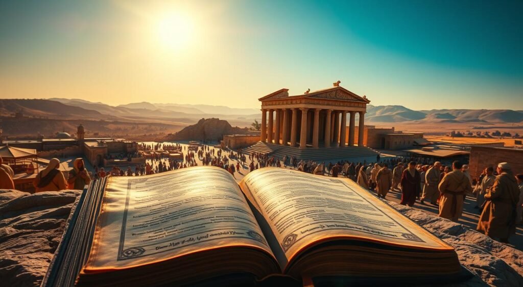 A sprawling scene of the ancient Israelite world, illuminated by warm, golden sunlight. In the foreground, a weathered tome lies open, its pages revealing intricate scriptures and illuminations from the Tanakh. Beyond, a towering temple stands, its ornate architecture and soaring columns casting dramatic shadows across the bustling marketplace below. People in traditional garments go about their daily lives, engaged in trade, worship, and scholarly pursuits. In the distance, rolling hills and a cloudless azure sky create a sense of timeless serenity, evoking the timeless wisdom and mysteries of the Old Testament. A sprawling scene of the ancient Israelite world, illuminated by warm, golden sunlight. In the foreground, a weathered tome lies open, its pages revealing intricate scriptures and illuminations from the Tanakh. Beyond, a towering temple stands, its ornate architecture and soaring columns casting dramatic shadows across the bustling marketplace below. People in traditional garments go about their daily lives, engaged in trade, worship, and scholarly pursuits. In the distance, rolling hills and a cloudless azure sky create a sense of timeless serenity, evoking the timeless wisdom and mysteries of the Old Testament.