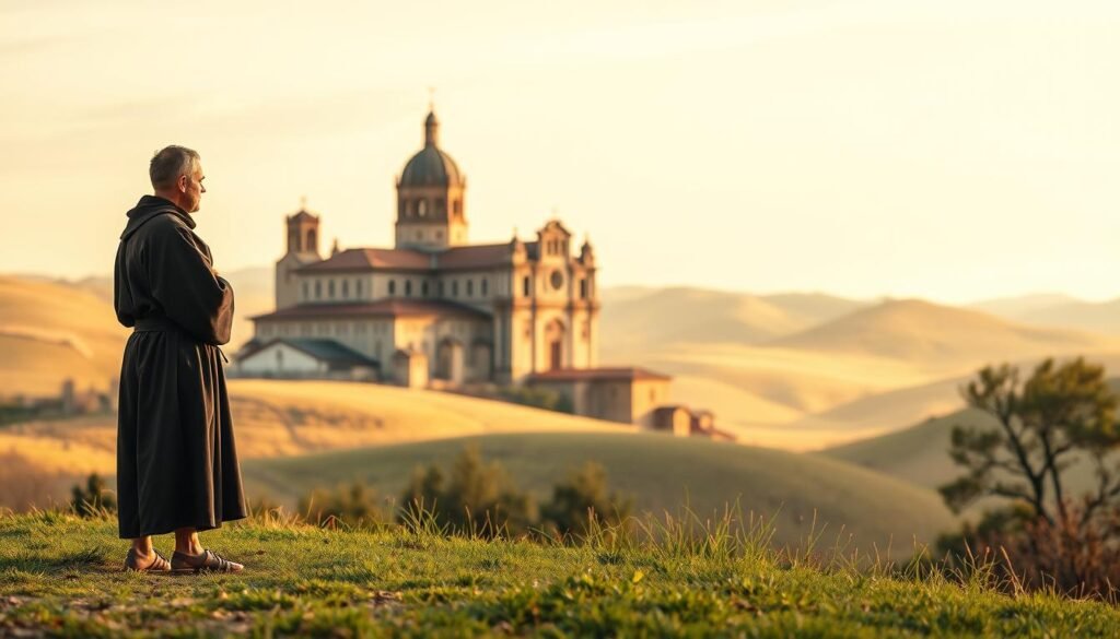 A tranquil and serene landscape depicting the spiritual legacy of Saint Francis of Assisi. In the foreground, a humble Franciscan friar stands in contemplation, his simple robes and sandals reflecting the order's commitment to poverty and simplicity. The middle ground features a medieval European church or monastery, its ornate architecture a testament to the Franciscans' influence on religious art and architecture. In the background, rolling hills and a golden sky evoke a sense of timelessness and the eternal nature of the Franciscan spiritual tradition. The lighting is soft and natural, creating a warm, inviting atmosphere that draws the viewer into the scene. The composition is balanced and harmonious, conveying the peace and serenity at the heart of the Franciscan legacy. Oração Poderosa de São Francisco de Assis contra Inimigos: Veja como Rezar
