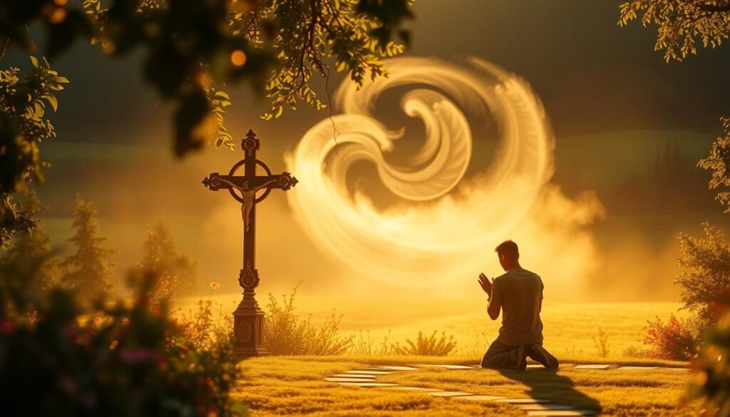 A tranquil garden bathed in warm, golden light, with a central figure kneeling in prayer. The foreground features an ornate cross or religious icon, casting a serene, protective aura. In the middle ground, a swirling mist or energy field represents the spiritual realm, while the background showcases a lush, verdant landscape symbolizing the harmony of the natural world. The overall atmosphere conveys a sense of deep contemplation, inner peace, and divine guidance. Um jardim tranquilo banhado em luz dourada e quente, com uma figura central de joelhos em oração. O primeiro plano apresenta uma cruz ornamentada ou ícone religioso, emitindo uma aura serena e protetora. No plano médio, uma névoa giratória ou campo de energia representa o reino espiritual, enquanto o fundo exibe uma paisagem verdejante e exuberante simbolizando a harmonia do mundo natural. A atmosfera geral transmite uma sensação de profunda contemplação, paz interior e orientação divina.