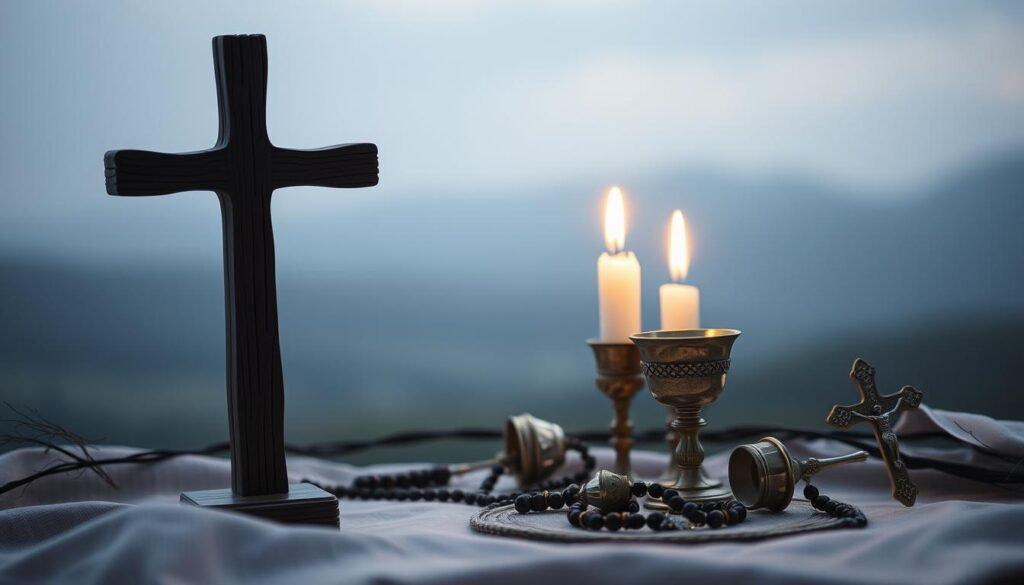 A tranquil, softly lit scene depicting the symbols of Christian devotion. In the foreground, a worn wooden cross stands tall, its weathered surface a testament to its sacred purpose. Surrounding it, a collection of religious artifacts - an ornate rosary, a gleaming chalice, and a delicate crucifix - are arranged with reverence. In the middle ground, a flickering candle casts a warm, soothing glow, its gentle flame representing the eternal light of faith. In the background, a simple, serene landscape unfolds, hinting at the tranquility and contemplation that these sacred symbols inspire. The overall mood is one of solemn contemplation, inviting the viewer to reflect on the depth and significance of Christian devotion. Uma cena pacífica, suavemente iluminada, retratando a prática de uma novena. Em primeiro plano, uma pessoa se kneela em oração, as mãos unidas e os olhos fechados, cercada por um altar simples, porém ornamentado, adornado com velas, contas de rosário e uma estátua de São Judas Tadeu. No meio, fiéis estão sentados em bancos, suas expressões reverentes enquanto participam do ritual devocional. Ao fundo, o interior de uma igreja católica tradicional, com janelas de vitral lançando um brilho quente e etéreo e detalhes arquitetônicos ornamentais evocando um senso de espiritualidade atemporal. A atmosfera geral é de contemplação, fé e a busca humilde e firme por orientação divina. ...