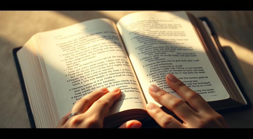 Coração e caráter na Bíblia: a warm, soft-focus close-up of an open Bible, with pages gently turning to reveal verses and passages about love, self-worth, and strength of character. Soft, natural lighting bathes the scene, creating a serene, contemplative atmosphere. In the foreground, a pair of delicate hands reverently caresses the weathered cover, symbolizing the personal connection between the reader and the sacred text. The background is a muted, neutral palette, allowing the Bible to be the focus of the image. Composition and framing emphasize the centrality and importance of the book, inviting the viewer to discover the wisdom and guidance it offers. Versículos sobre Amor Próprio