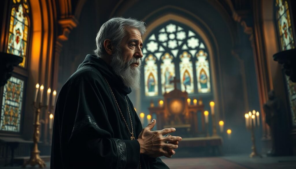 Detailed portrait of Saint Peter of Alcantara, a Catholic friar and mystic known for his religious devotion. Set in a dimly lit interior, with warm ambient lighting casting a reverent glow. The friar is depicted kneeling in prayer, his weathered face expressing deep contemplation. Ornate religious artifacts and architectural elements like stained glass windows fill the middle ground, conveying a sense of sacred space. The background fades into hazy shadows, emphasizing the spiritual atmosphere. Rendered with a painterly, realistic style that captures the historical and devotional nature of the subject. Quem é Pedro de Alcântara para os Católicos