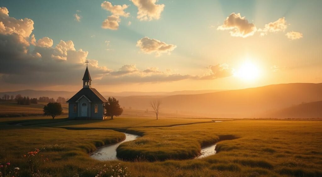 Serene morning landscape with warm sunlight filtering through fluffy clouds. In the foreground, a peaceful open field dotted with wildflowers and a meandering stream. In the middle ground, a small chapel with a modest steeple, its stained glass windows glowing. In the background, rolling hills and a horizon aglow with the rising sun. A sense of tranquility and divine presence pervades the scene, inviting the viewer to reflect and find inspiration for the day ahead. Serene morning landscape with warm sunlight filtering through fluffy clouds. In the foreground, a peaceful open field dotted with wildflowers and a meandering stream. In the middle ground, a small chapel with a modest steeple, its stained glass windows glowing. In the background, rolling hills and a horizon aglow with the rising sun. A sense of tranquility and divine presence pervades the scene, inviting the viewer to reflect and find inspiration for the day ahead.