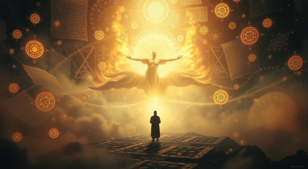 Symbols in Biblical Dreams: A Visually Captivating Exploration An intricately composed scene, capturing the essence of biblical dreams. In the foreground, a central figure stands amidst a swirling array of symbolic imagery - glowing celestial orbs, ancient scriptural fragments, and mystical geometric patterns. The middle ground is shrouded in a warm, ethereal light, creating a sense of divine revelation. The background gradually fades into a hazy, dreamlike realm, suggesting the liminal space between the physical and spiritual realms. Soft, muted tones evoke a sense of timelessness, while the composition's balance and symmetry convey a sense of harmony and order. The overall atmosphere is one of contemplation, inviting the viewer to ponder the deeper meanings and significance of these symbolic elements within the context of biblical dreams. Símbolos em Sonhos Bíblicos: Uma Exploração Visualmente Cativante Uma cena intrincadamente composta, capturando a essência dos sonhos bíblicos. Em primeiro plano, uma figura central está em meio a um turbilhão de imagens simbólicas - orbes celestes brilhantes, fragmentos de escrituras antigas e padrões geométricos místicos. O meio termo é envolto em uma luz quente e etérea, criando uma sensação de revelação divina. O fundo gradualmente desaparece em um reino nebuloso e onírico, sugerindo o espaço liminar entre os reinos físico e espiritual. Tons suaves e suaves evocam uma sensação de atemporalidade, enquanto o equilíbrio e a simetria da composição transmitem uma sensação de harmonia e ordem. A atmosfera geral é de contemplação, convidando o espectador a ponderar os significados e a importância mais profundos desses elementos simbólicos dentro do contexto dos sonhos bíblicos.