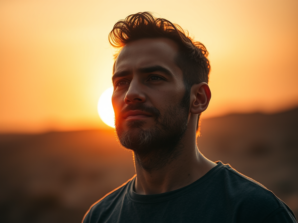 Um homem contemplando o pôr do sol, simbolizando reflexão e fé.