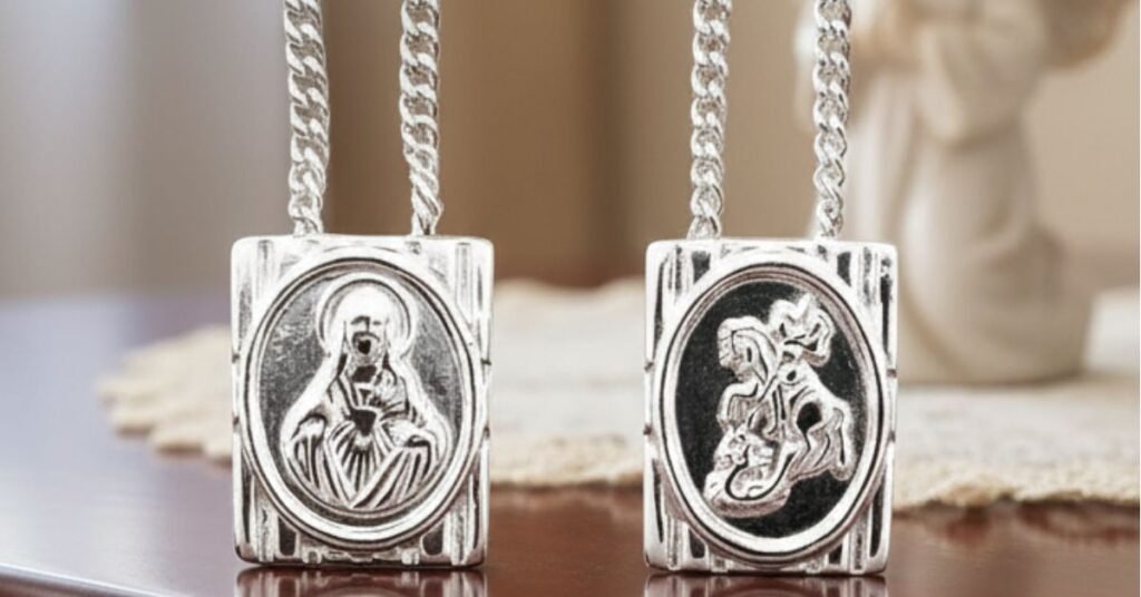 Escapulário São Jorge e Sagrado Coração em Prata
