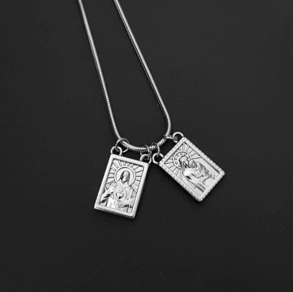 Escapulário prata masculino corrente aço inoxidável/Cordão religioso proteção/Nossa Senhora do Carmo e Sagrado Coração de Jesus Escapulário prata masculino corrente aço inoxidável/Cordão religioso proteção/Nossa Senhora do Carmo e Sagrado Coração de Jesus