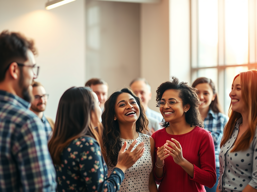 Grupo de pessoas sorrindo e conversando em um ambiente de escritório iluminado, transmitindo uma sensação de alegria e camaradagem.