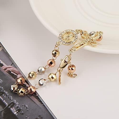         HZMAN Virgem Maria Rosário Pulseira Cruz Virgem de Guadalupe Pulseira de elo Ajustável para Mulheres Meninas Joias Presente       