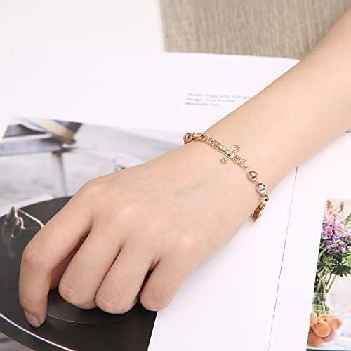         HZMAN Virgem Maria Rosário Pulseira Cruz Virgem de Guadalupe Pulseira de elo Ajustável para Mulheres Meninas Joias Presente       