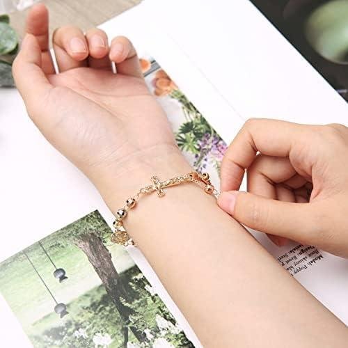         HZMAN Virgem Maria Rosário Pulseira Cruz Virgem de Guadalupe Pulseira de elo Ajustável para Mulheres Meninas Joias Presente       
