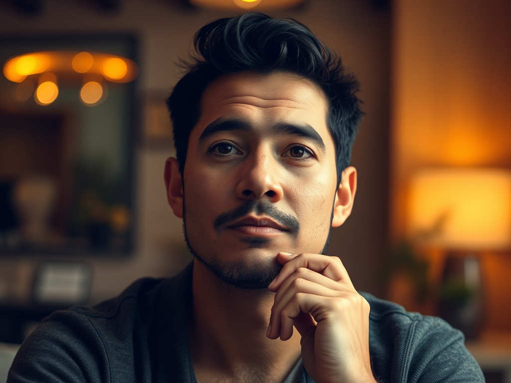 Retrato de um homem pensativo, com uma expressão séria, sentado em um ambiente bem iluminado com elementos de decoração suave ao fundo.