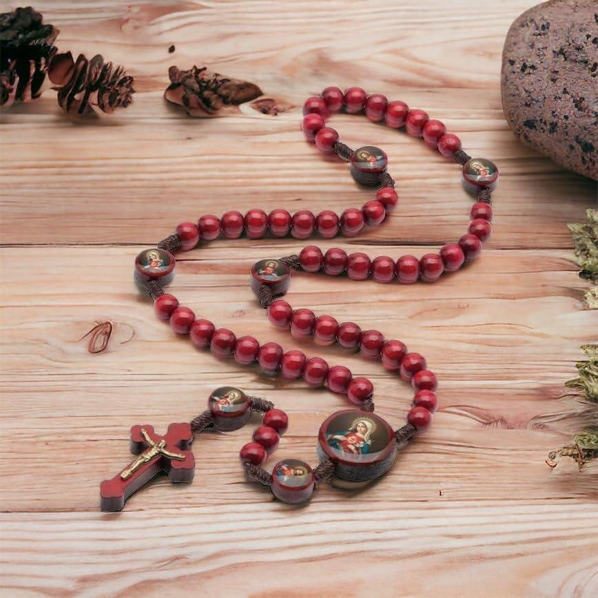 Terço Madeira Vermelho 8mm Coração Jesus/Maria Cordão Católico Religioso Terço Vermelho de Madeira 8mm
