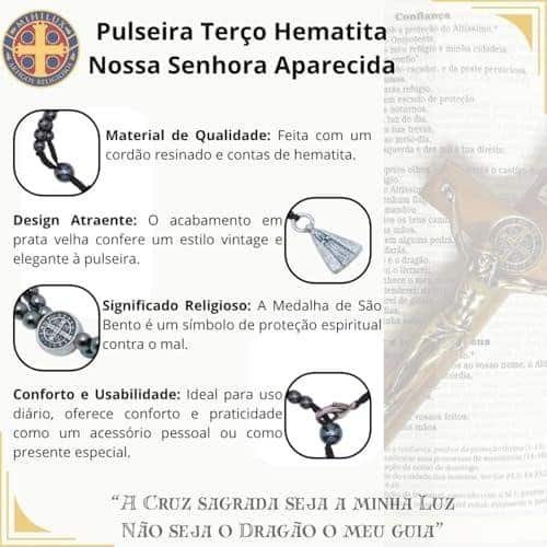 Pulseira Terço Hematita com Cordão Resinado, Medalhas de Nossa Senhora Aparecida e São Bento – Proteção e Estilo, 20 cm