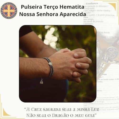 Pulseira Terço Hematita com Cordão Resinado, Medalhas de Nossa Senhora Aparecida e São Bento – Proteção e Estilo, 20 cm