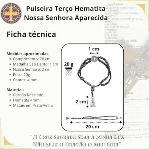 Pulseira Terço Hematita com Cordão Resinado, Medalhas de Nossa Senhora Aparecida e São Bento – Proteção e Estilo, 20 cm