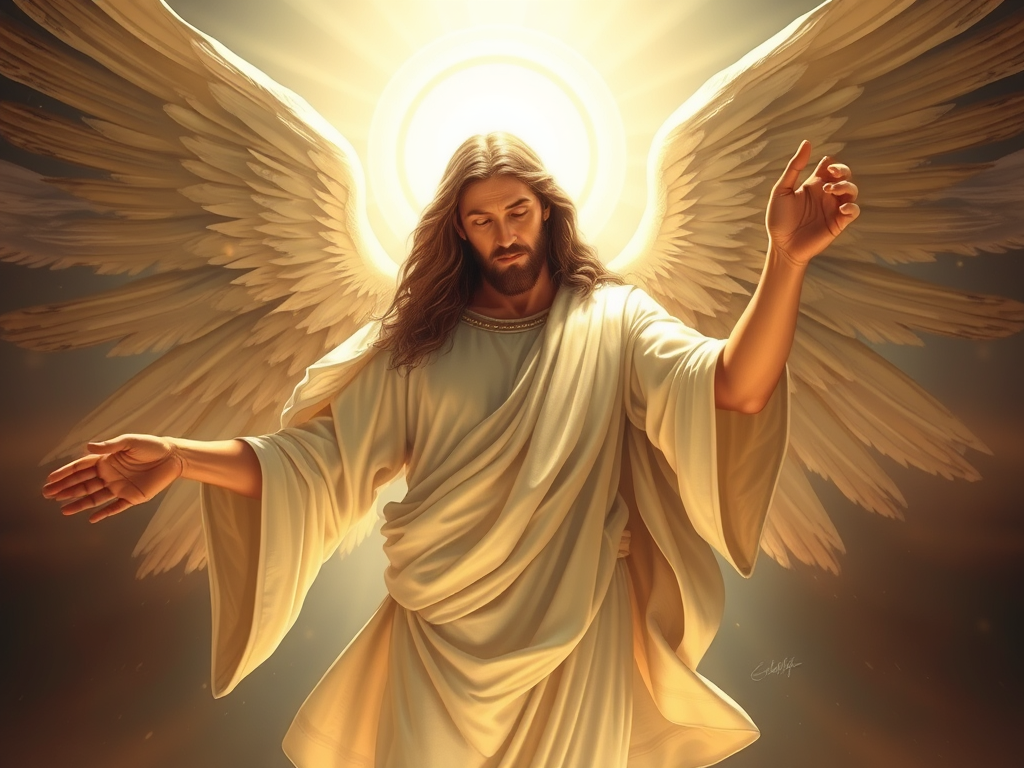 Imagem de uma figura religiosa angelical com asas, vestida de branco, emanando uma luz radiante. A figura é representada com uma expressão serena e gestos de acolhimento, simbolizando paz e espiritualidade.