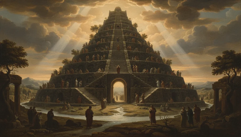 Uma representação artística de uma grande estrutura em forma de pirâmide, iluminada por raios de luz, com pessoas subindo as escadas e outras interagindo no chão. O ambiente é dramático, com nuvens escuras e um cenário montanhoso ao fundo.