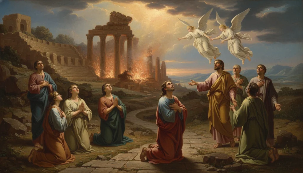 Uma cena religiosa mostrando figuras humanas em oração, com anjos ao fundo, em uma paisagem dramaticamente iluminada por um céu carregado.