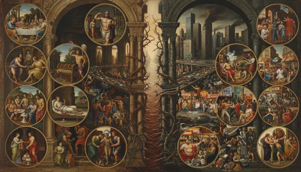 Uma ilustração que representa os Sete Pecados Capitais, com cenas divididas entre virtudes e vícios, mostrando a interação entre a moralidade e o comportamento humano na sociedade contemporânea.