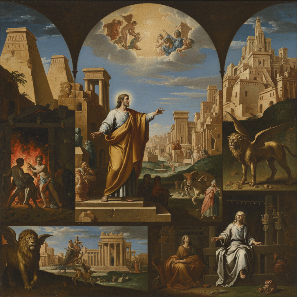 Pintura representando cenas do livro de Daniel, incluindo Daniel em pé, prisioneiros lutando, leões, e figuras angelicais no céu.