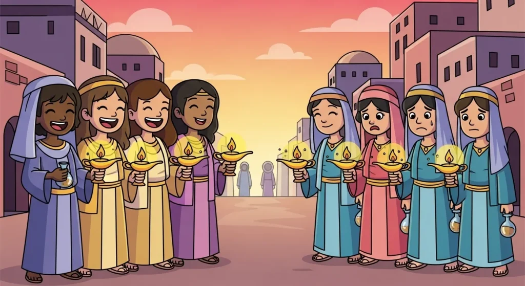 Ilustração da Parábola das 10 Virgens, mostrando cinco virgens prudentes sorrindo com lamparinas acesas e cinco virgens néscias com expressões preocupadas, destacando a importância da preparação espiritual.