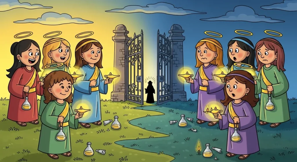 Ilustração representando a Parábola das 10 Virgens, com cinco virgens prudentes segurando lamparinas e azeite, e cinco virgens néscias, preocupadas, ao fundo, diante de um portão iluminado.