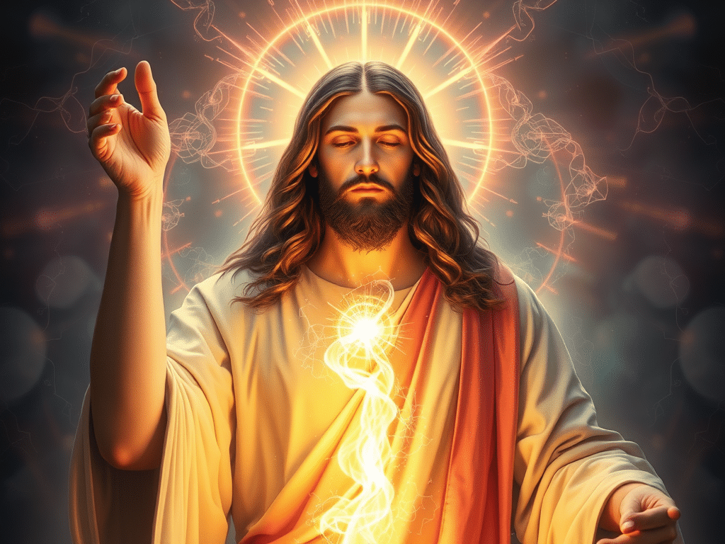 Uma representação de Jesus com um halo radiante, levantando a mão em um gesto de bênção, transmitindo luz e energia espiritual.