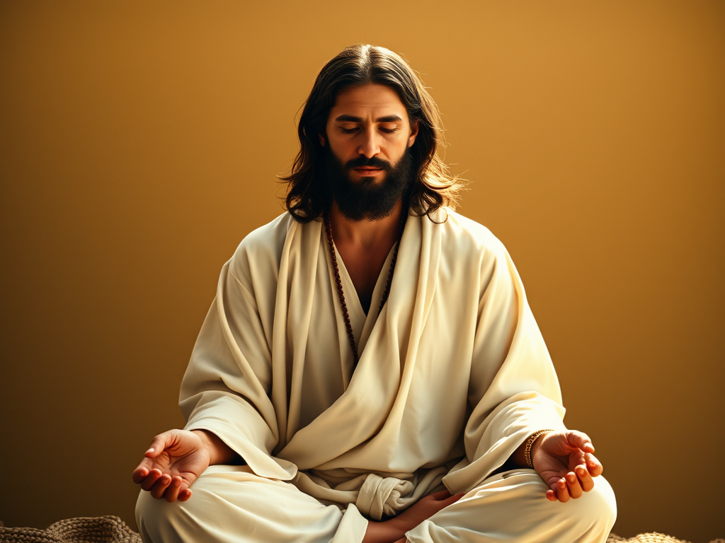 Imagem de uma figura com cabelos longos e barba, vestindo roupas brancas, em posição de meditação com as mãos abertas, contra um fundo dourado.