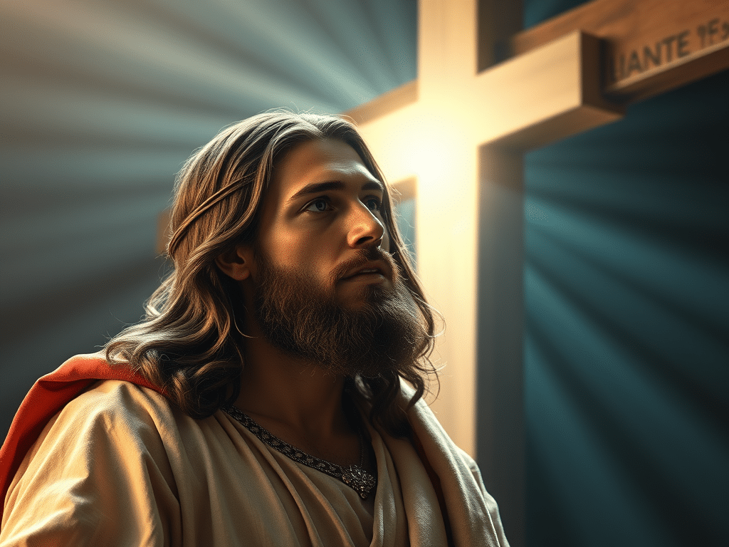 Retrato de uma figura masculina com cabelo longo e barba, vestindo uma túnica, olhando para cima em direção a uma iluminação suave que emana de uma cruz ao fundo.
