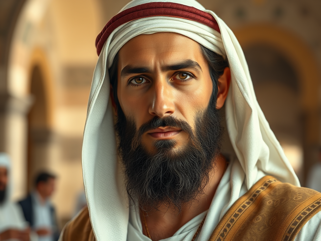 Retrato de um homem com barba e cabelo escuro, usando um manto e um turbante, com um olhar intenso e expressivo.