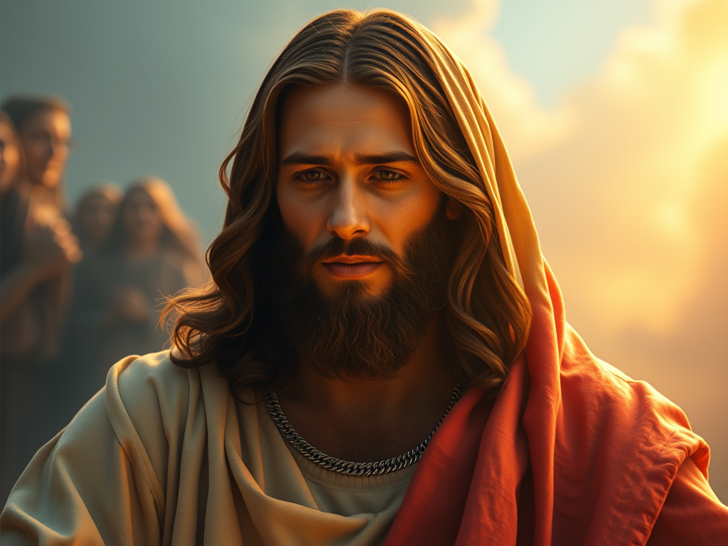 Retrato de um homem com cabelo longo e barba, vestindo uma túnica clara e uma capa vermelha, com um olhar sereno e expressivo, em um cenário iluminado ao fundo.