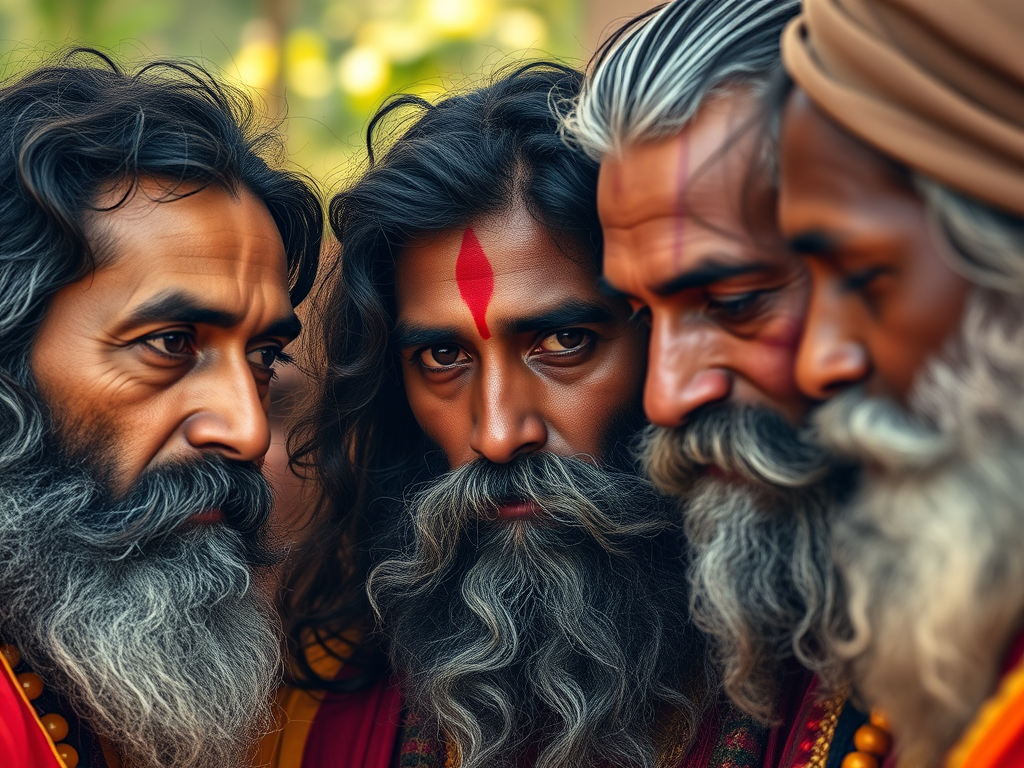 Grupo de homens com longas barbas e cabelos, discutindo contemplativamente; alguns têm marcas de tinta no rosto.