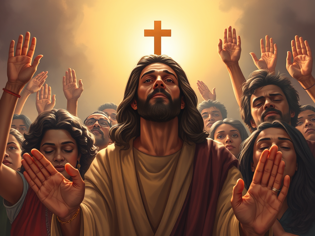 Imagem de um grupo de pessoas em um momento de adoração, com as mãos levantadas, em direção a uma figura central inspiradora, simbolizando a presença do Espírito Santo.